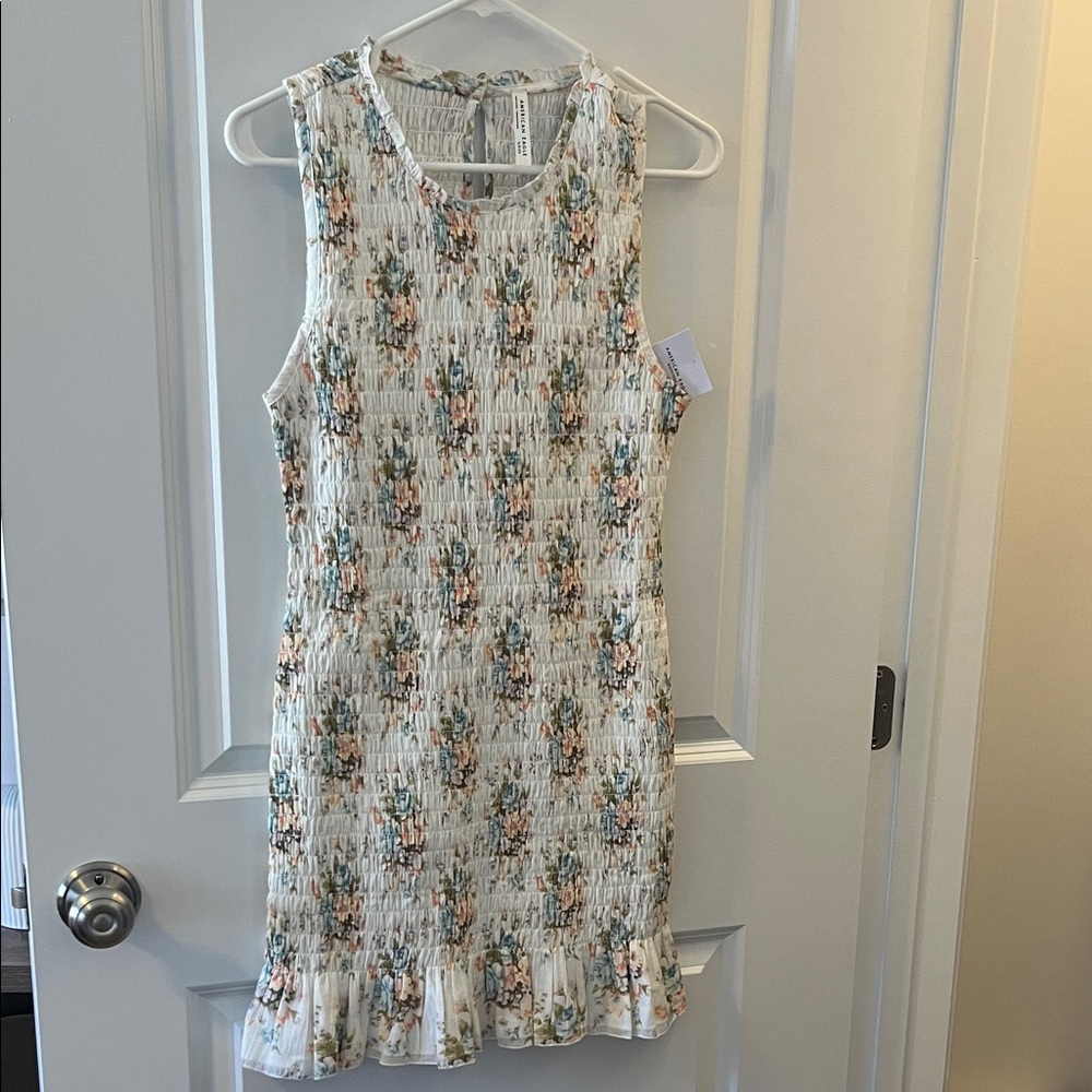 Floral Smocked Sleeveless Dress in Cream and Blue